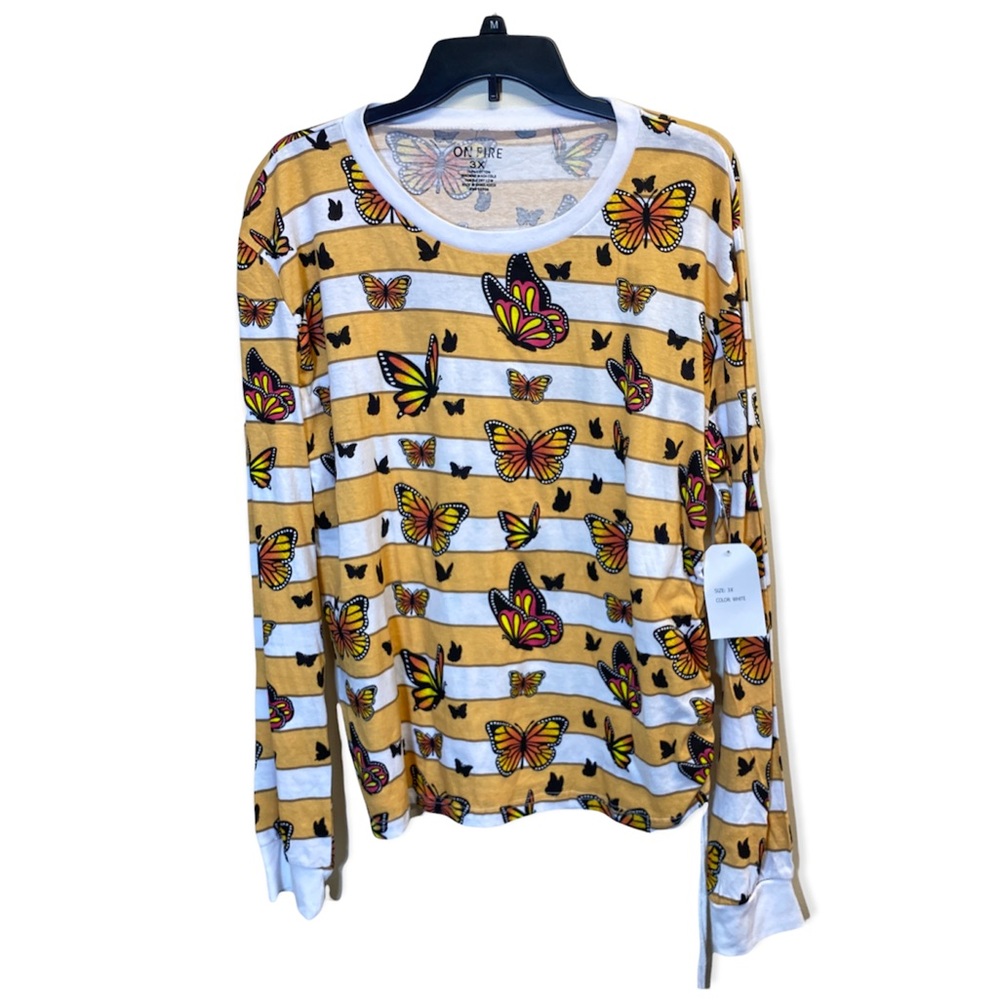 On Fire Women’s Yellow Butterfly  Long Sleeved T-shirt Size 3X